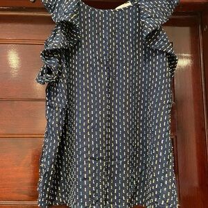 LOFT Navy Blouse with Green and Yellow Accents